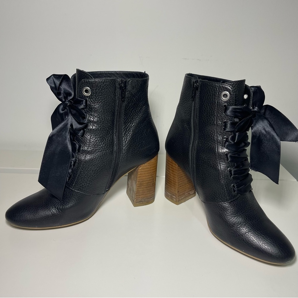 Minelli Women’s Black Leather Lace-Up Ankle Fall classy Boots Block Heel Size 40 - Picture 6 of 11